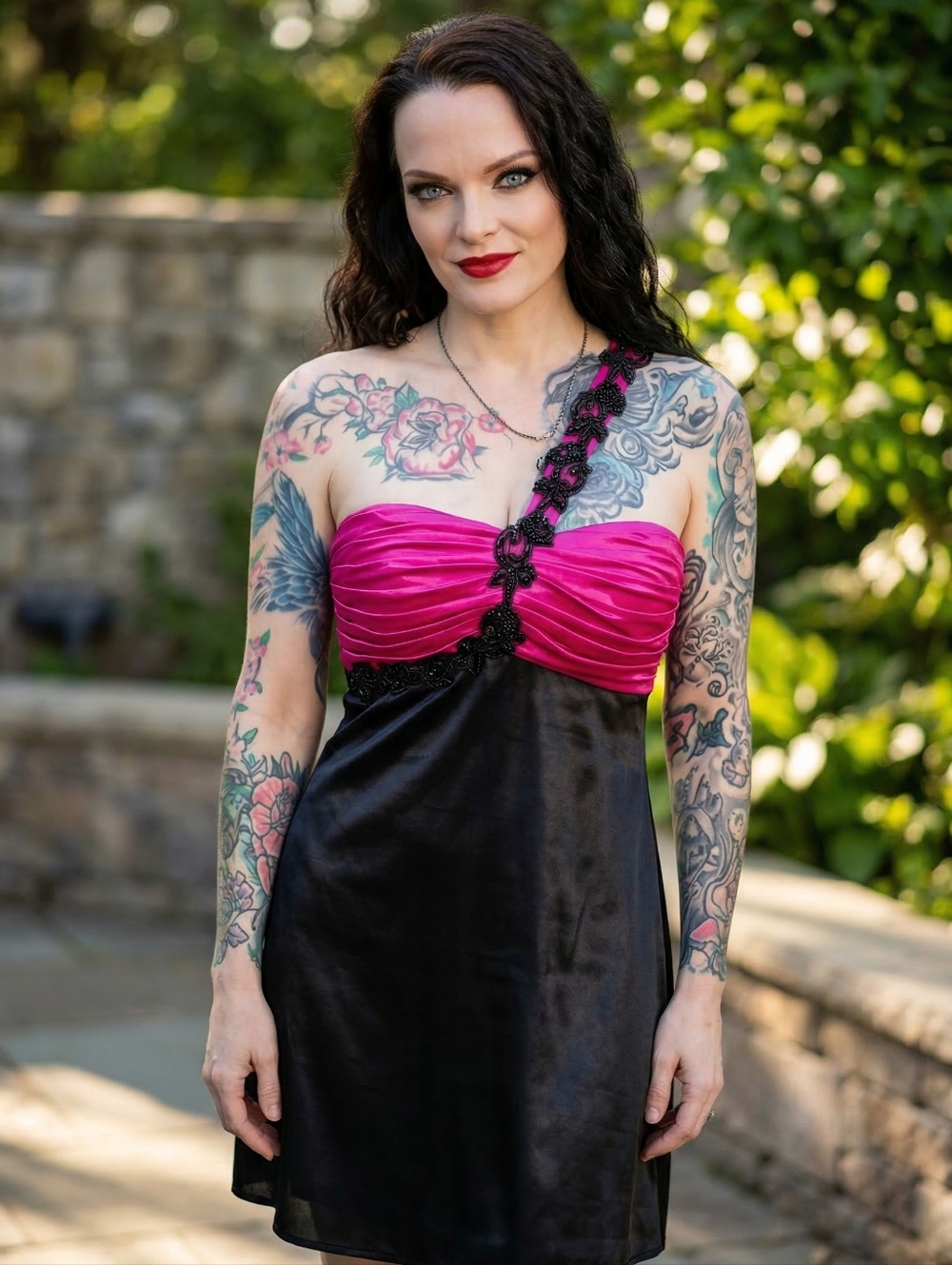 Morgan & Co. ✦ One-Shoulder Pink & Black Dress ✦ Floral Appliqué Mini S NWT